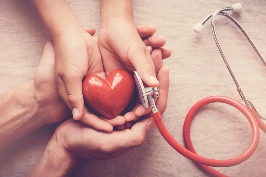 Sculpture of red hart in hands and medical for examination.