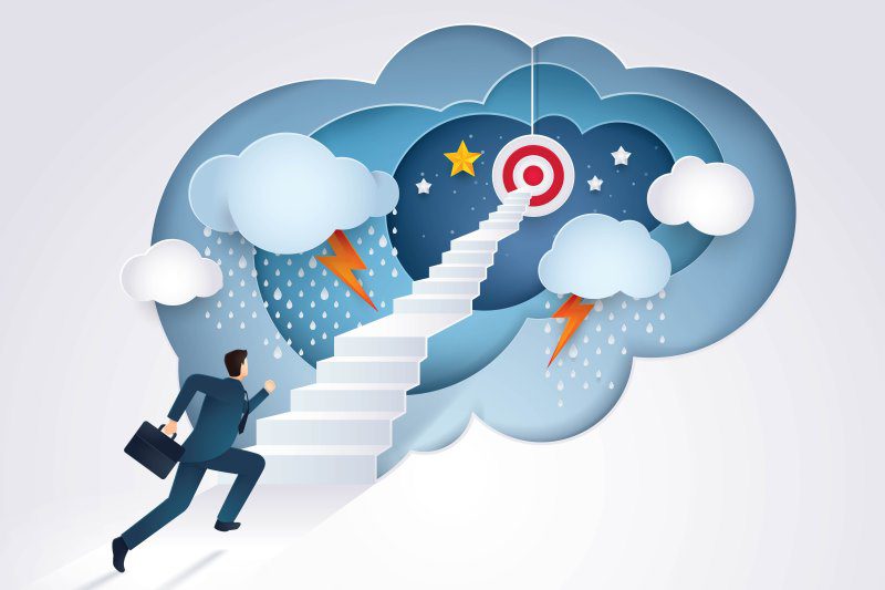 illustration of person climbing on stairs toward business success